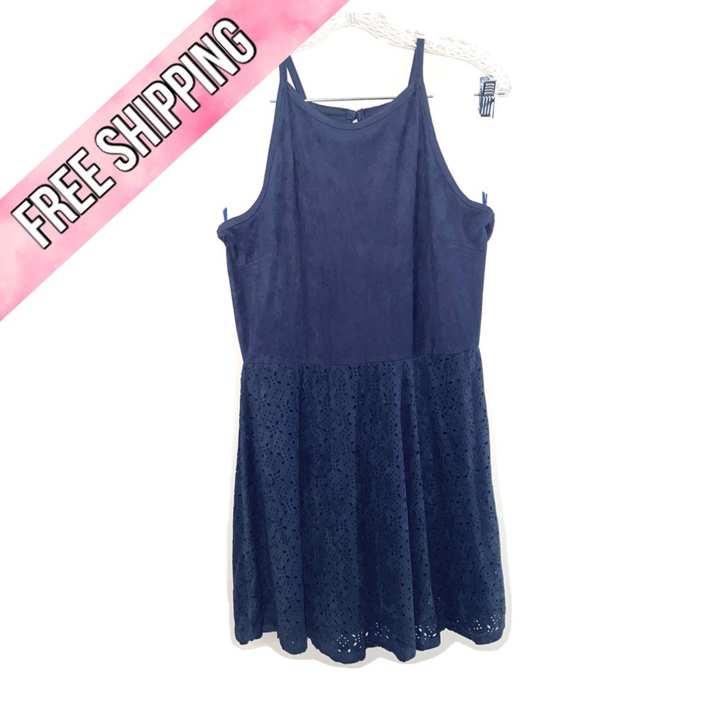 Pink Republic high neck suede dress w/ eyelet pattern on skirt - navy blue